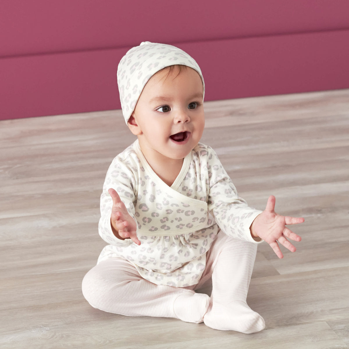 3-Piece Baby Girls Leopard Long Sleeve Shirt, Footed Pant, & Cap Set, view 2