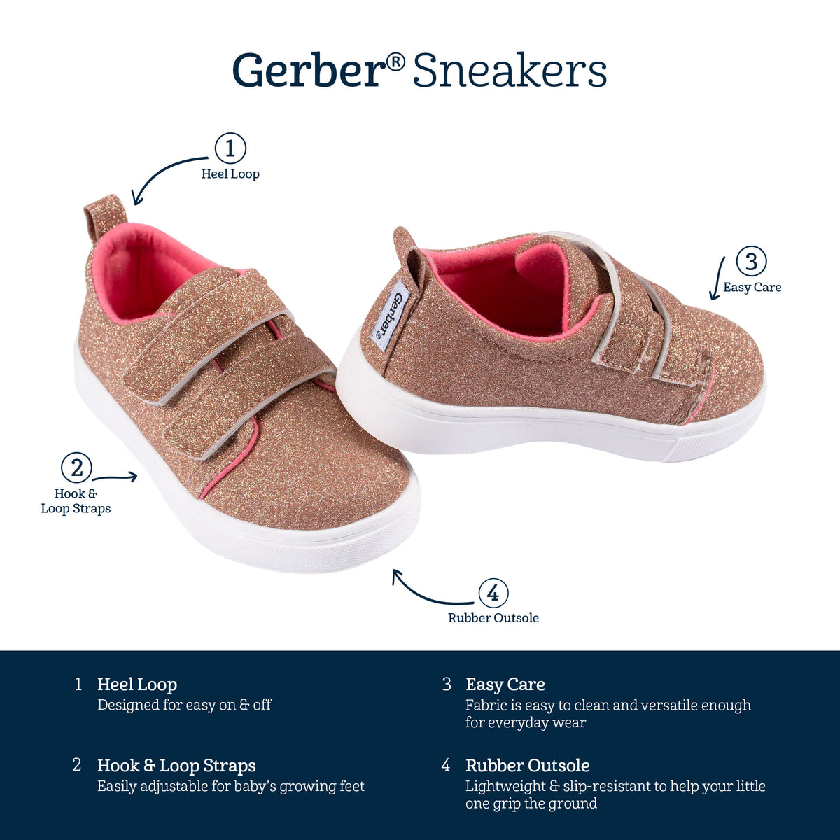 Infant & Toddler Girls Rose Gold Glitter Strap Sneaker, view 5
