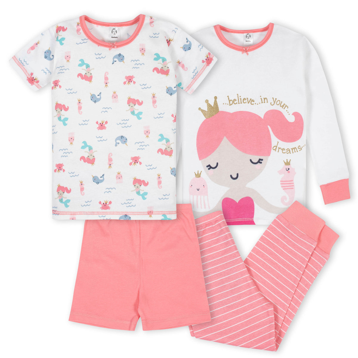 4-Piece Girls Mermaid Cotton Pajamas