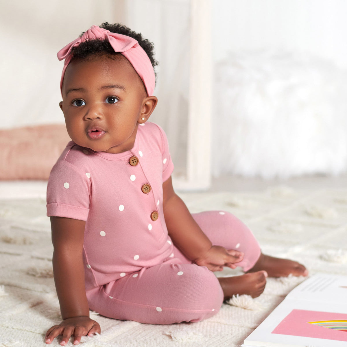 2-Pack Baby Girls Floral & Dots Short Sleeve Rompers, lifestyle photo 1