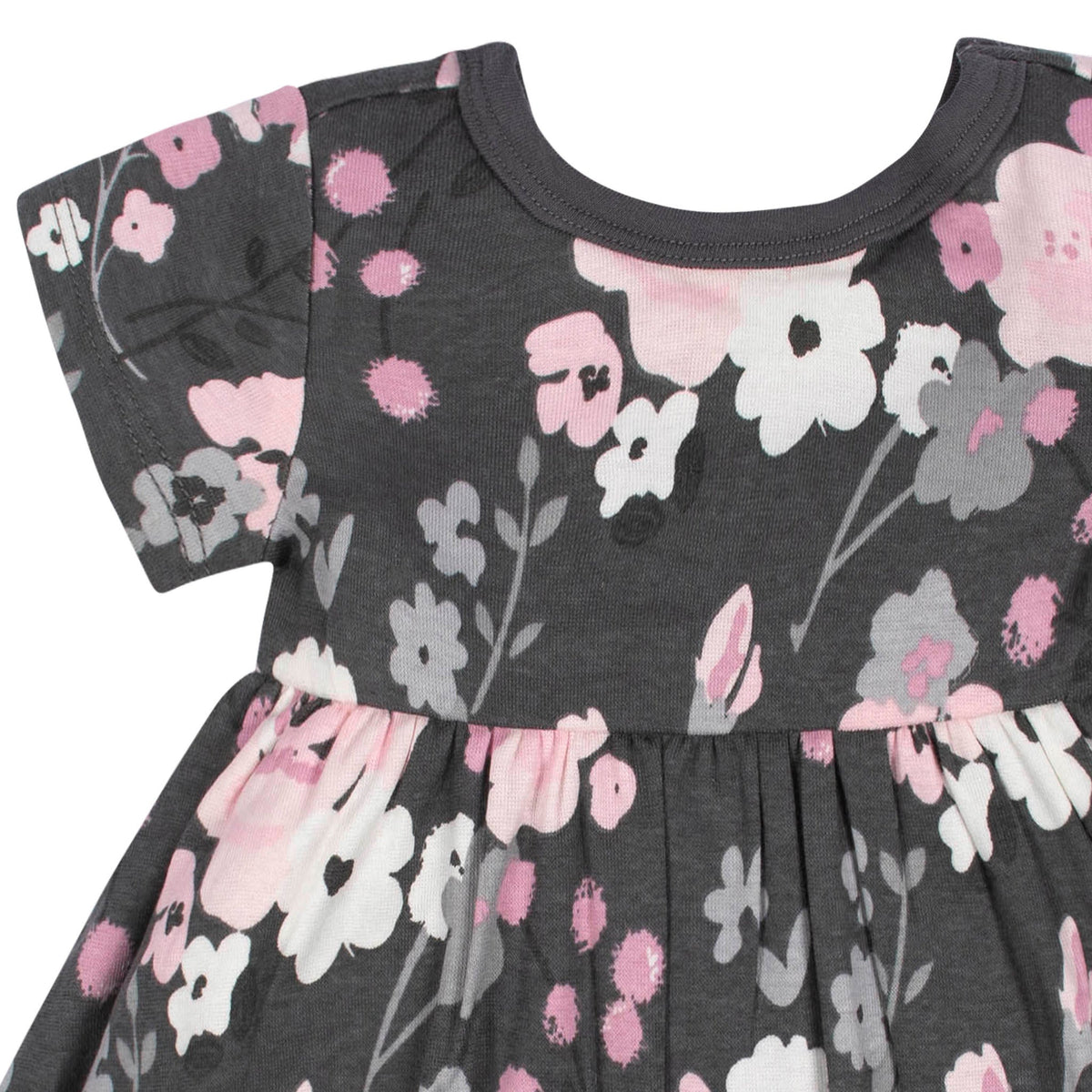 2-Pack Baby Girls Gray Floral Short Sleeve Dresses, close-up detail 3