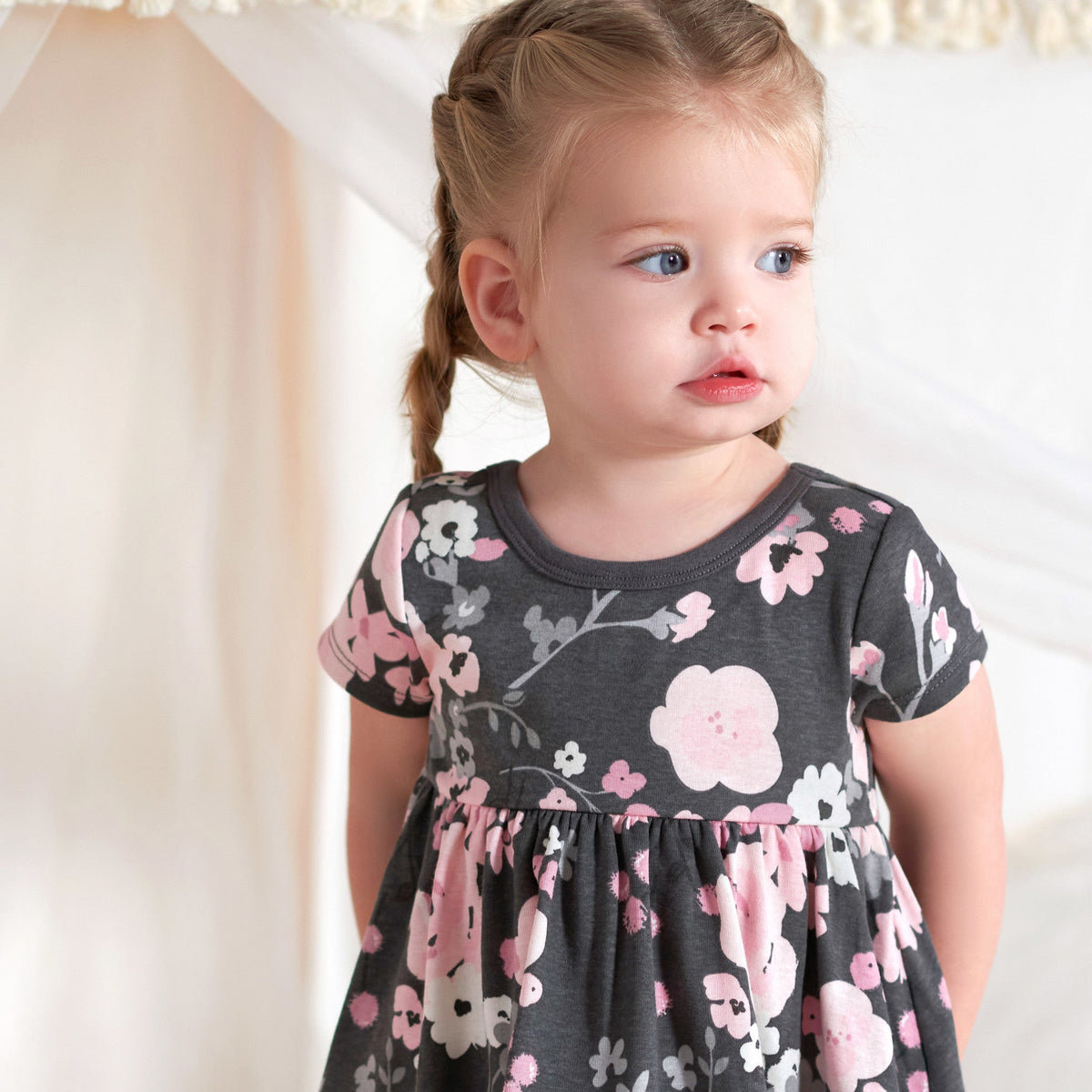 2-Pack Baby Girls Gray Floral Short Sleeve Dresses, lifestyle photo 1