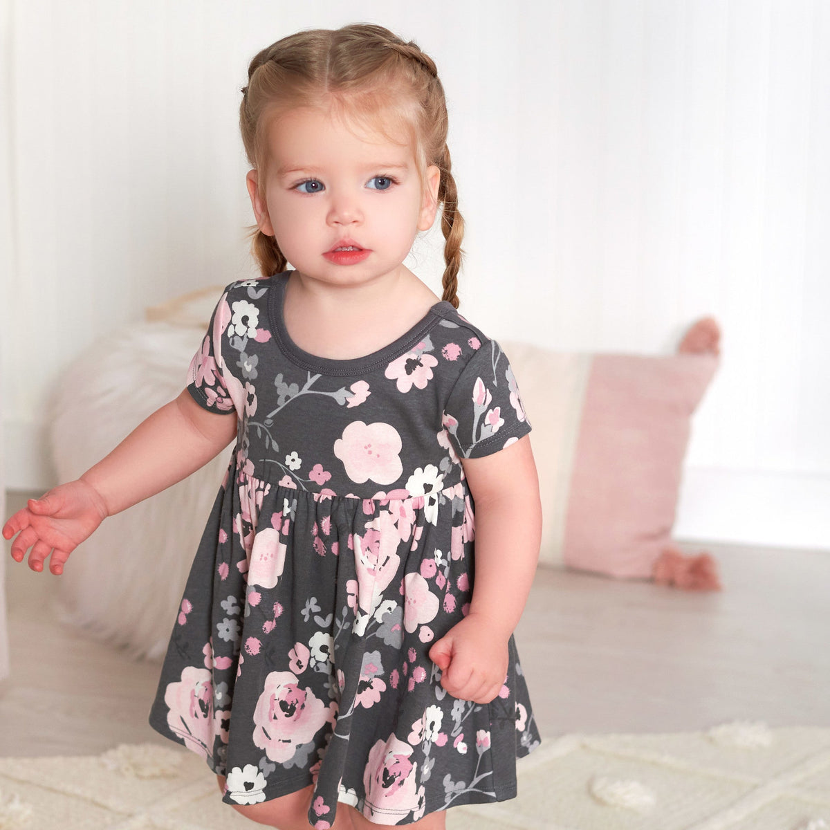 2-Pack Baby Girls Gray Floral Short Sleeve Dresses, lifestyle photo 2