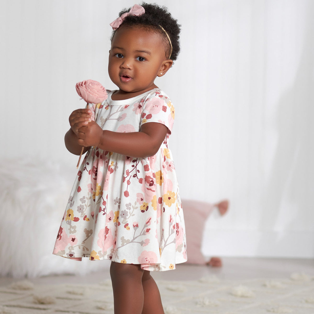 2-Pack Baby Girls Pink Floral Short Sleeve Dresses, lifestyle photo 1