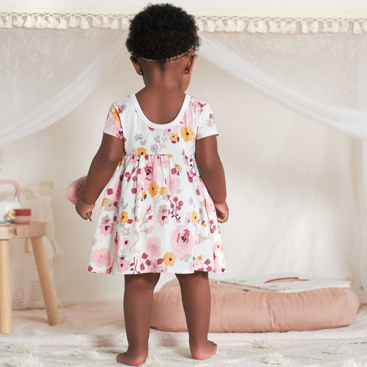 2-Pack Baby Girls Pink Floral Short Sleeve Dresses, lifestyle photo 2