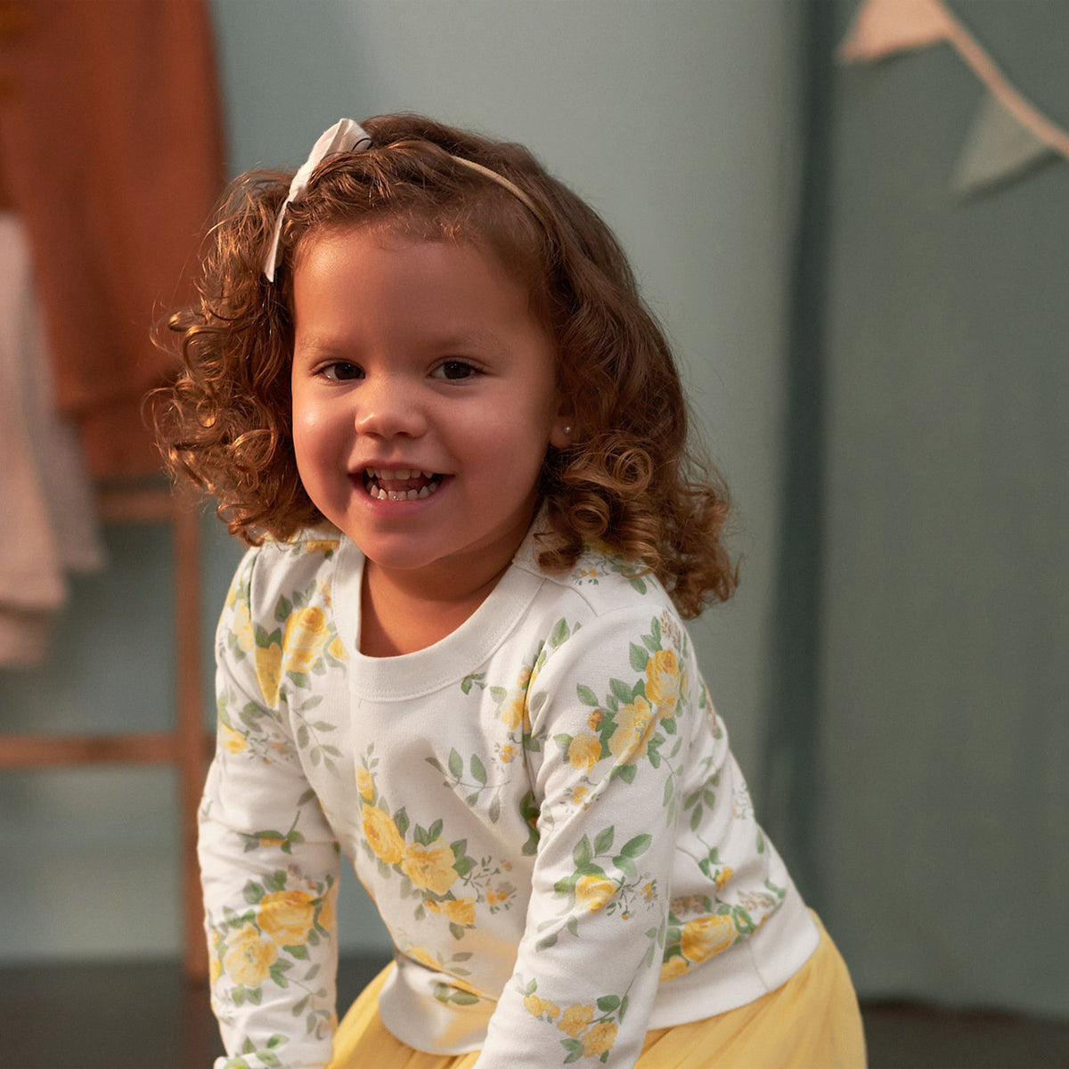 CASE of : 3-Piece Toddler Girls Yellow Roses French Terry Top, Tulle Tutu, & Legging Set, lifestyle photo 2