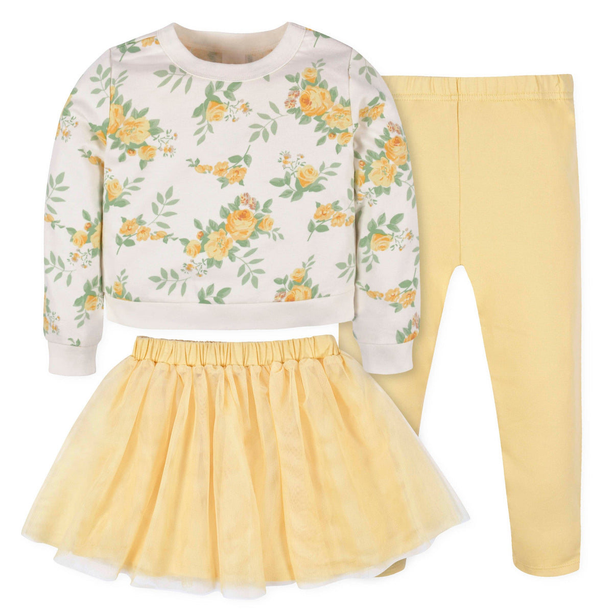 CASE of : 3-Piece Toddler Girls Yellow Roses French Terry Top, Tulle Tutu, & Legging Set