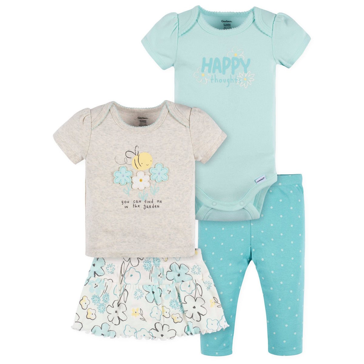 CASE of : 4-Piece Baby Girls Bee Onesies Bodysuit, Tee, Skort & Pant Set