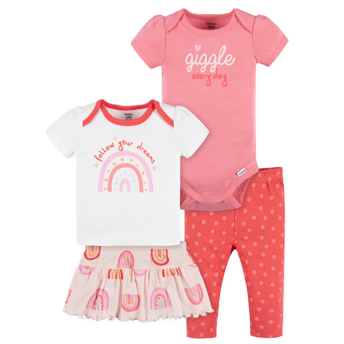 CASE of : 4-Piece Baby Girls Rainbows Onesies Bodysuit, Tee, Skort & Pant Set