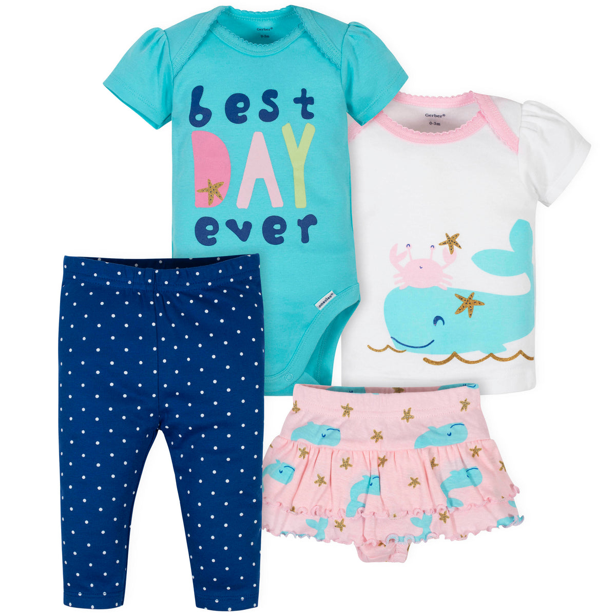 4-Piece Baby Girls Nautical Onesies Bodysuit, Skirted Panty, Shirt and Slim Pant Set
