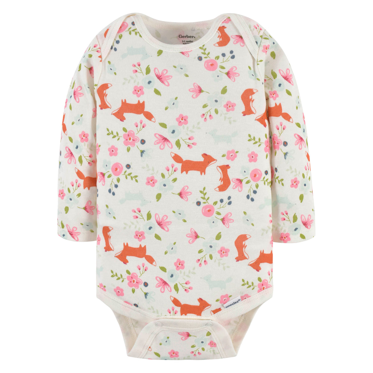 3-Pack Baby Girls Floral Fox Long Sleeve Onesies Bodysuits, view 3
