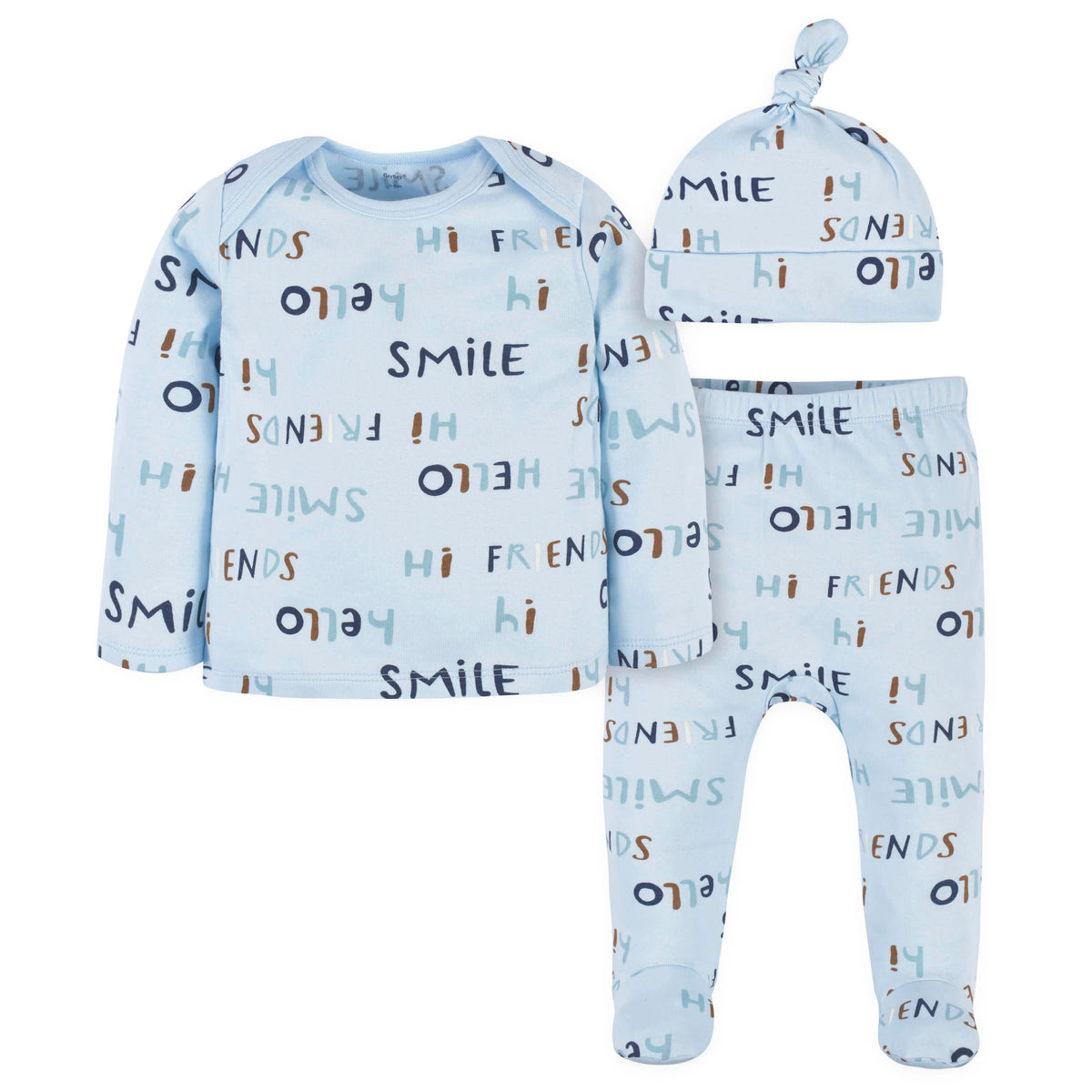 3-Piece Baby Boys Comfy Stretch "Smile" Long Sleeve Shirt, Footed Pant, & Cap Set