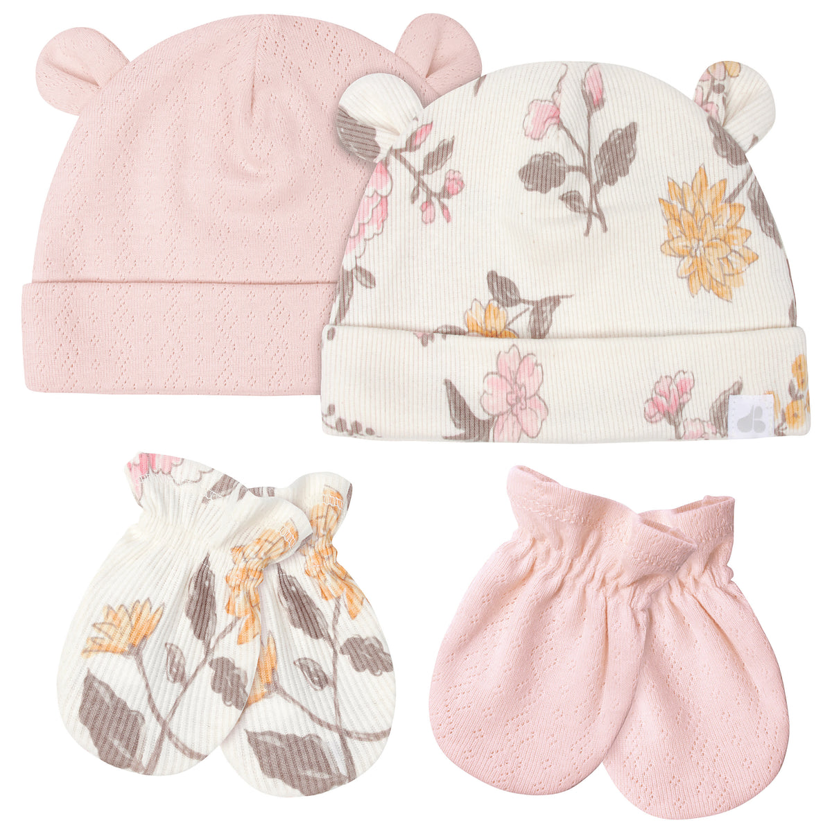 Just Born 4-Piece Baby Girls Dusty Pink & Floral Caps & Mittens Set