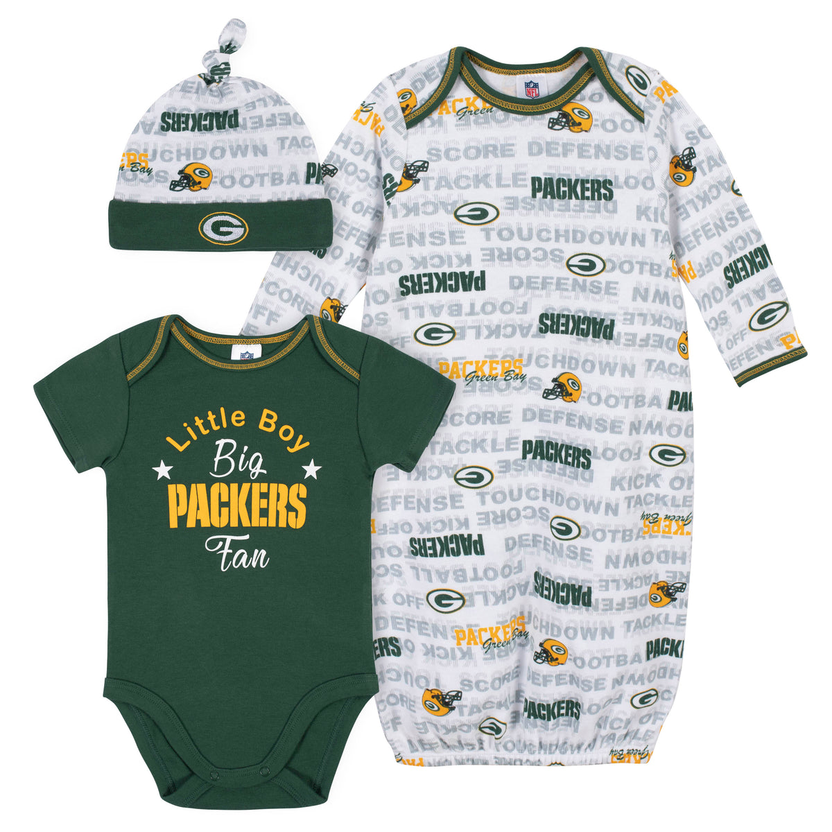 Baby Boys 3-Piece Green Bay Packers Bodysuit, Gown, and Cap Set