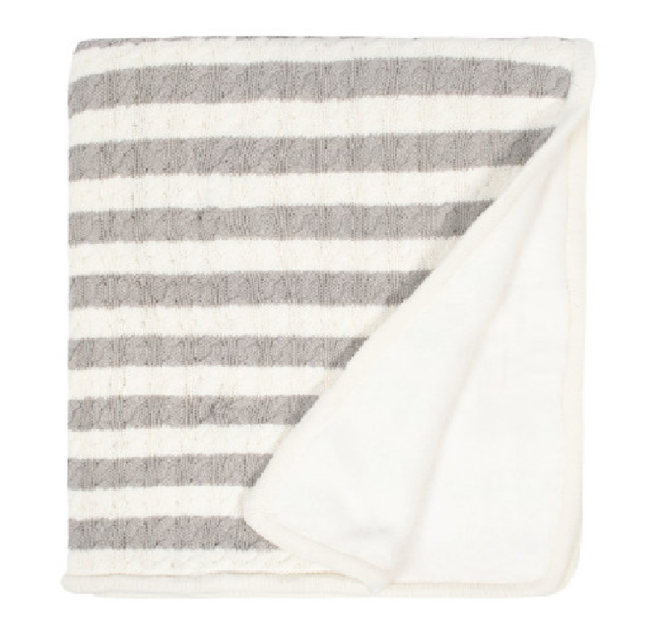 Just Born Grey and White Striped Cable Knit Blanket