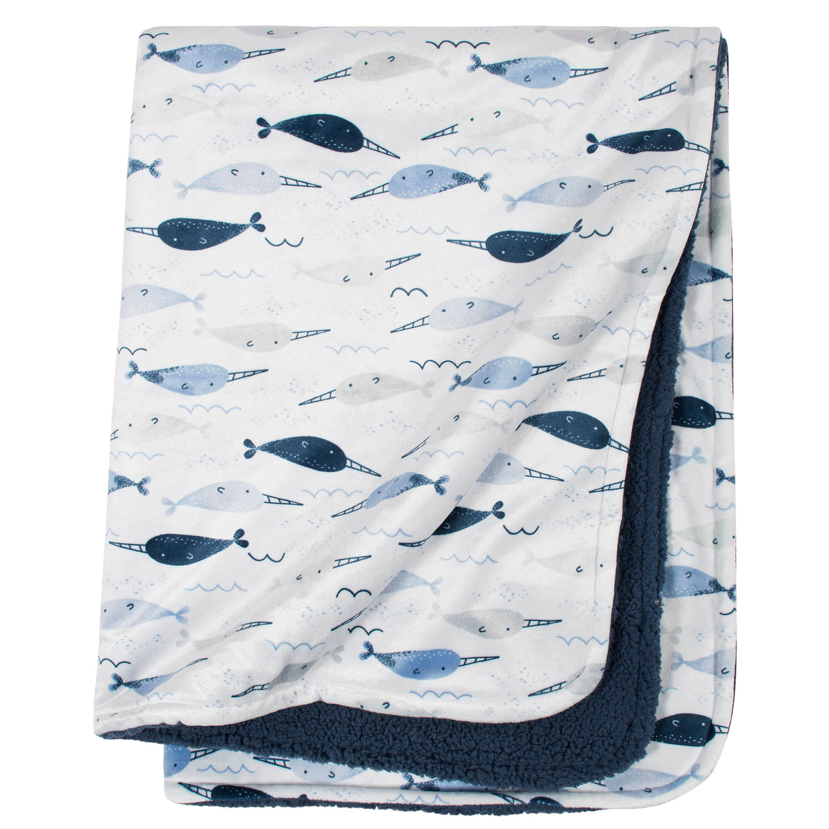 Boys Blue Narwhal Printed Blanket, view 2