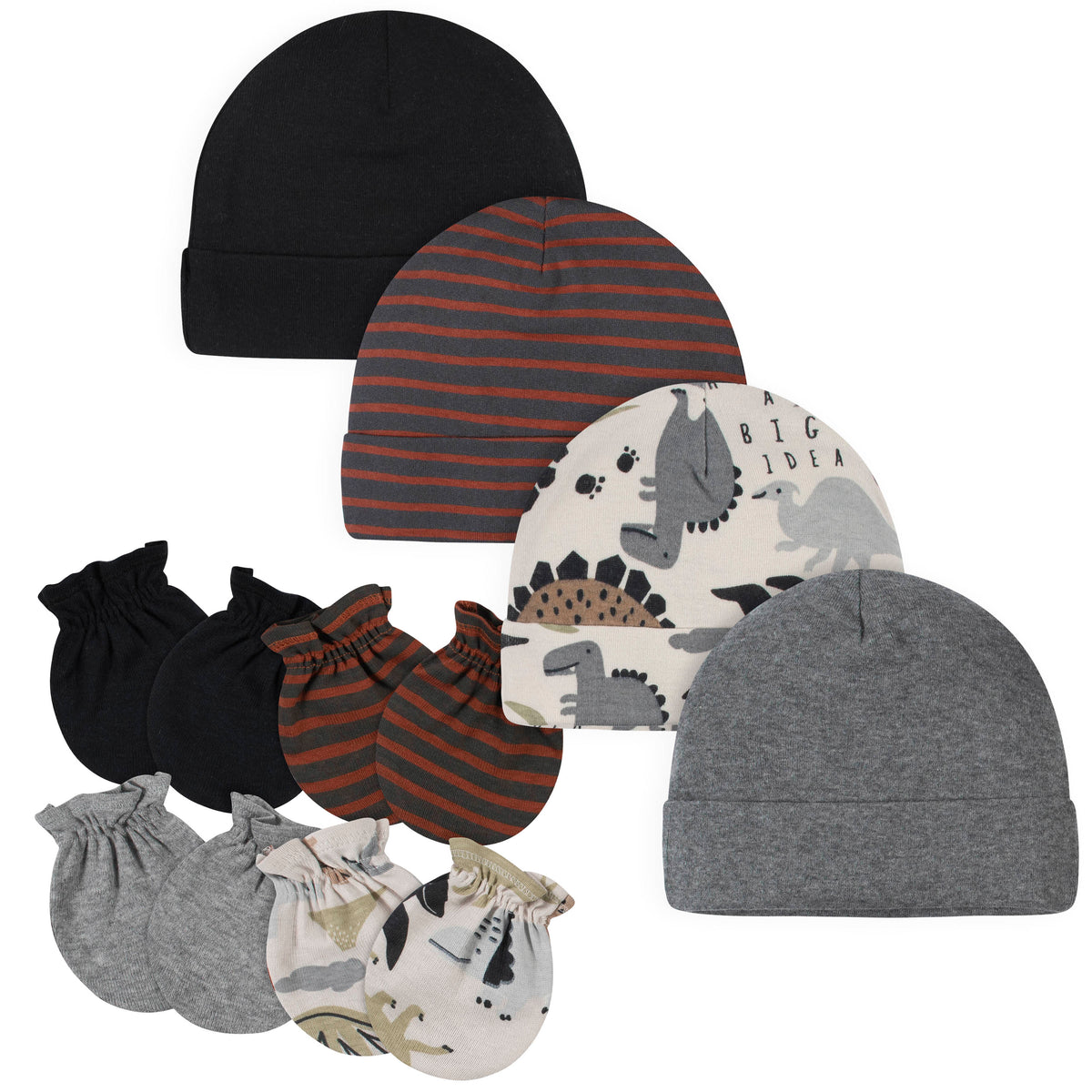 8-Piece Baby Neutral Dino Caps & Mittens Set