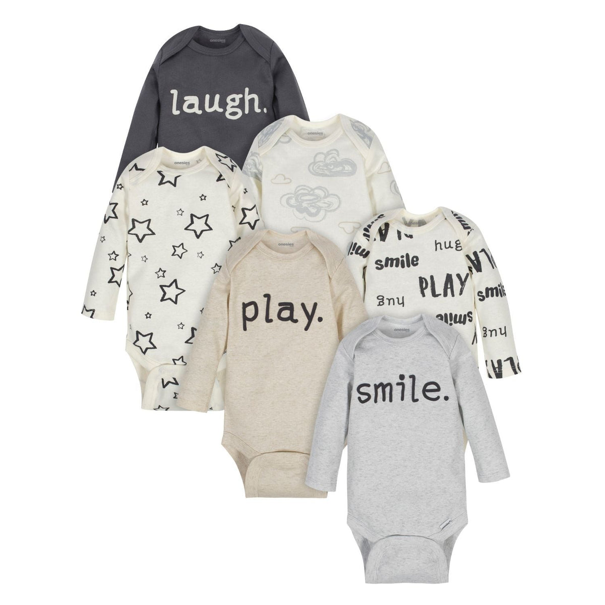 6-Pack Baby Neutral Words Long Sleeve Onesies