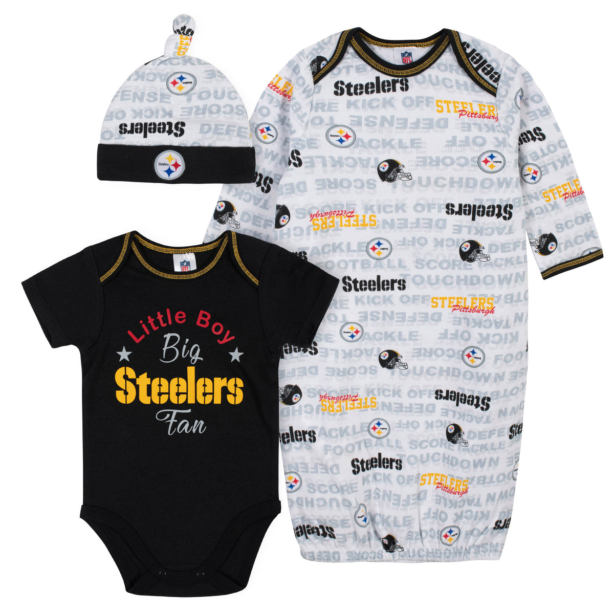 Baby Boys 3-Piece Pittsburgh Steelers Bodysuit, Gown, and Cap Set