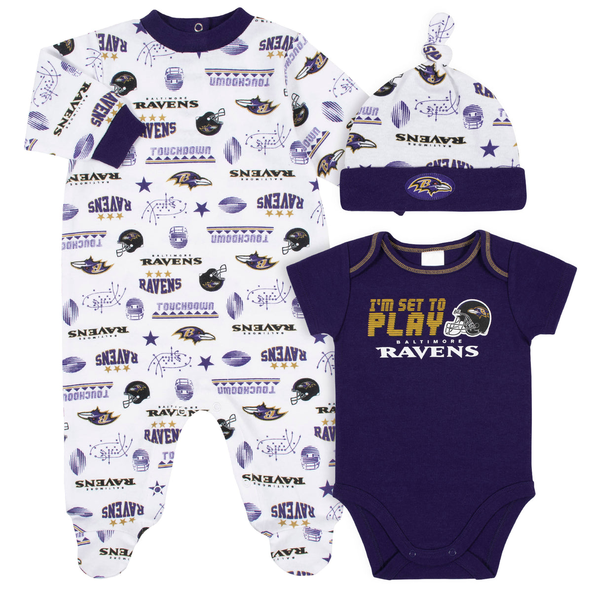 3-Piece Baby Boys Ravens Bodysuit, Sleep 'N Play, and Cap Set