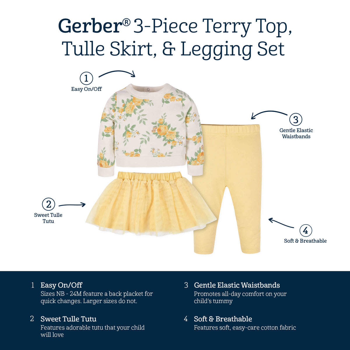 3-Piece Baby & Toddler Girls Golden Flowers French Terry Top, Tulle Tutu, & Legging Set, view 7