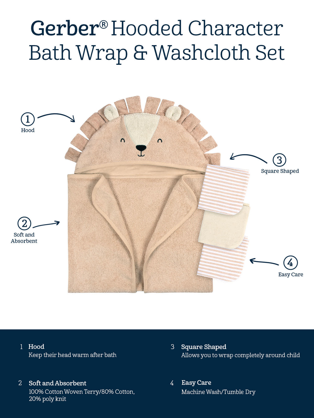 4-Piece Baby Boys Brown Lion Towel & Washcloths, view 7