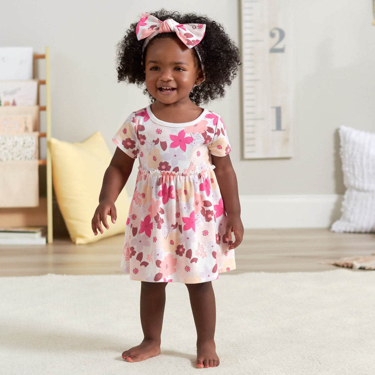 3-Piece Baby & Toddler Girls Cherry Blossom Dress, Diaper Cover & Headband Set, view 2