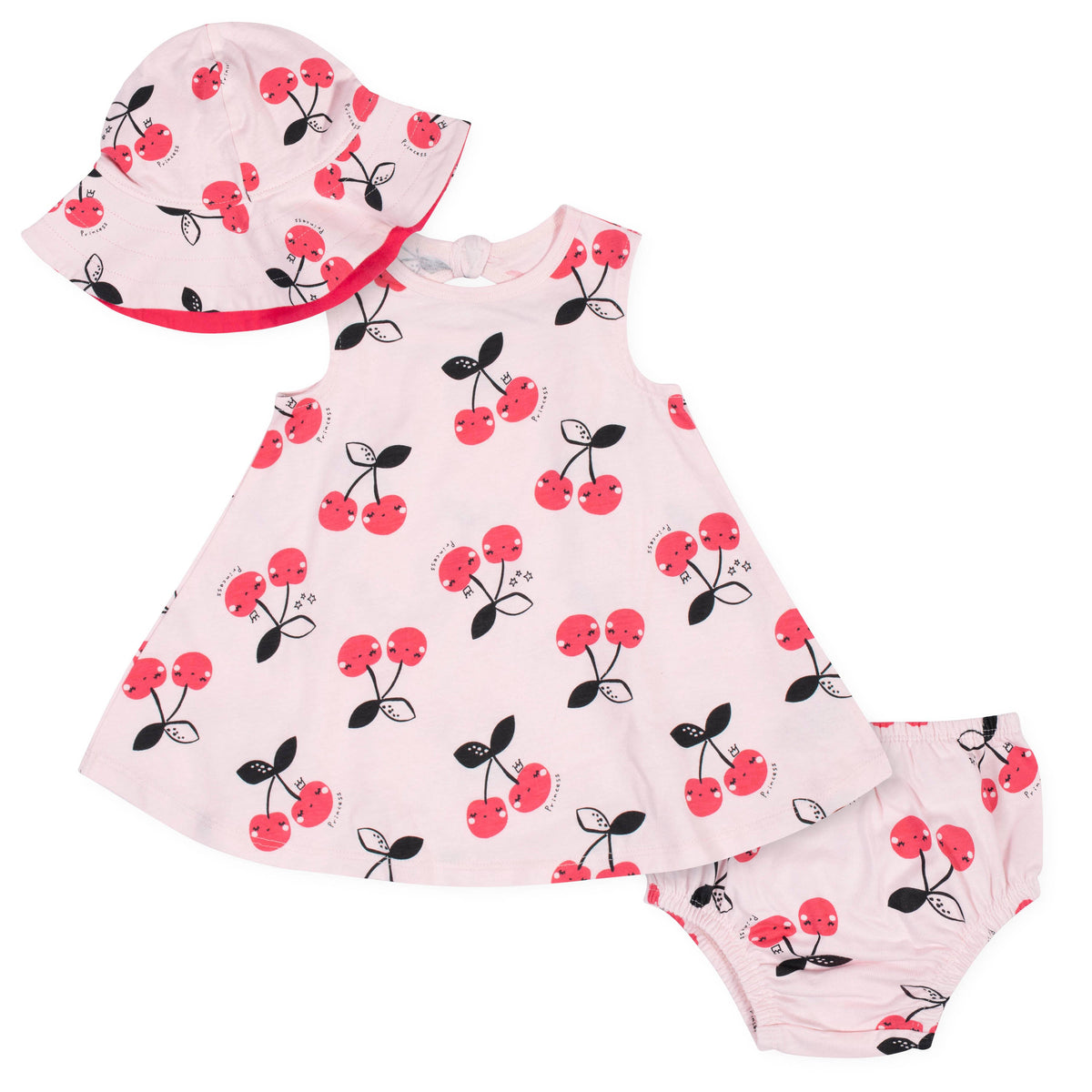 3-Piece Girls Cherry Dress, Diaper Cover, and Hat Set