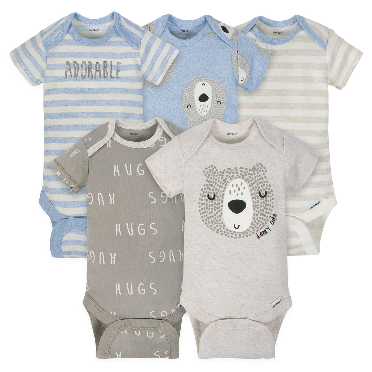5-Pack Organic Baby Boys Bear Heads Onesies Bodysuits