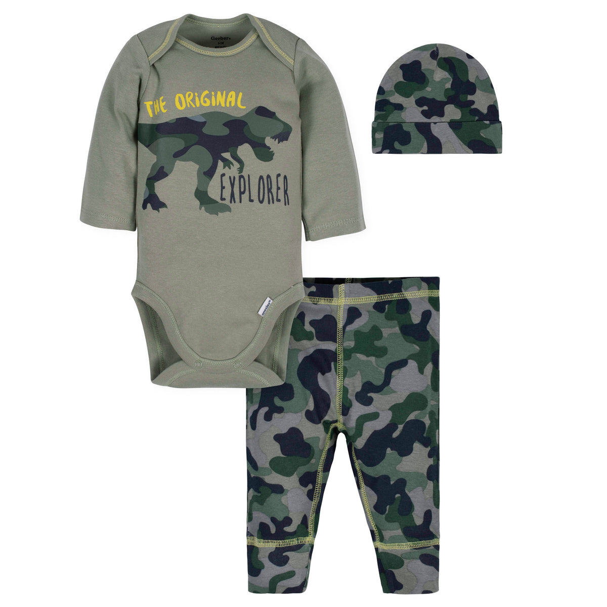 3-Piece Baby Boys Dinosaur Bodysuit, Pant, & Cap Set