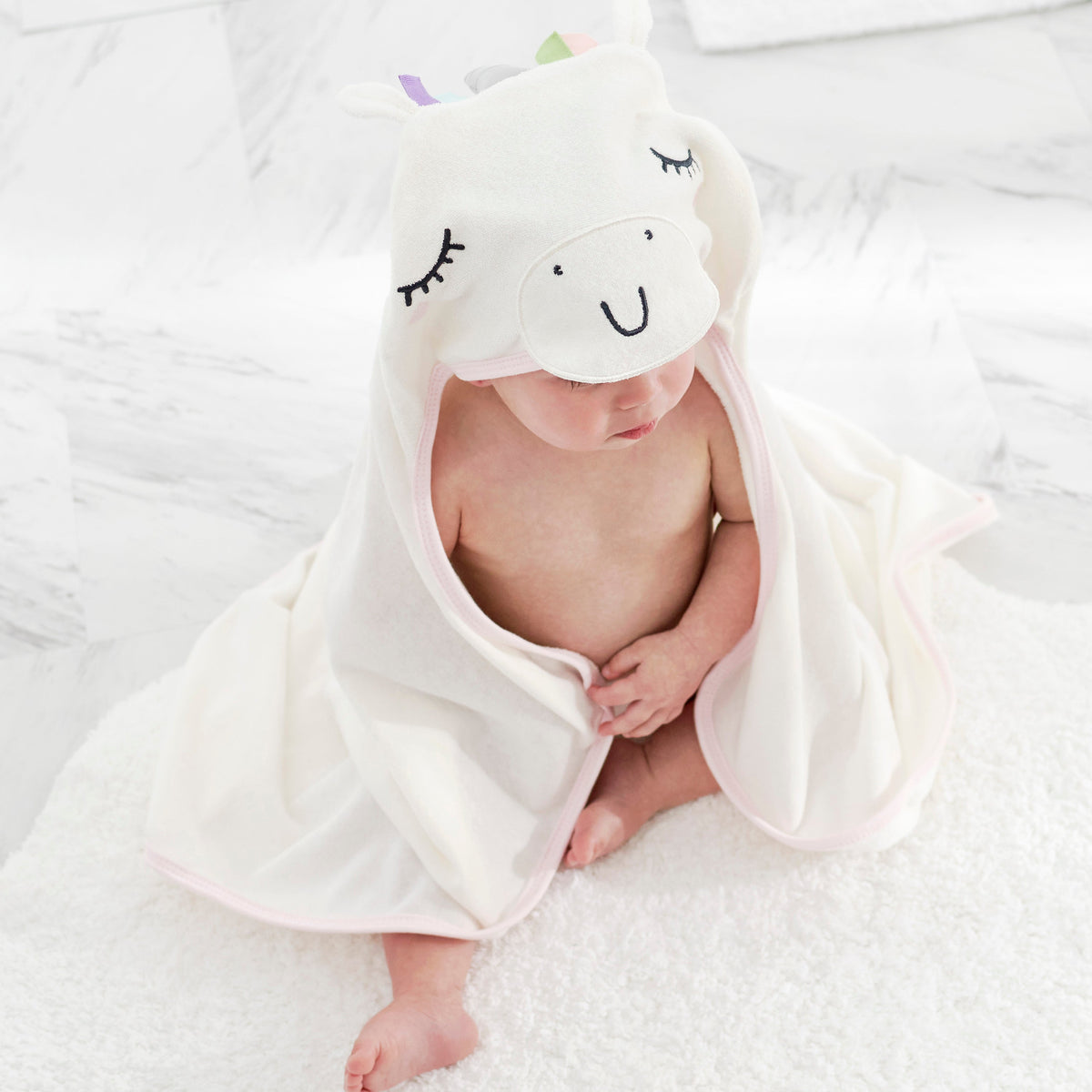 Organic Baby Girls Unicorn Hooded Bath Wrap, view 2