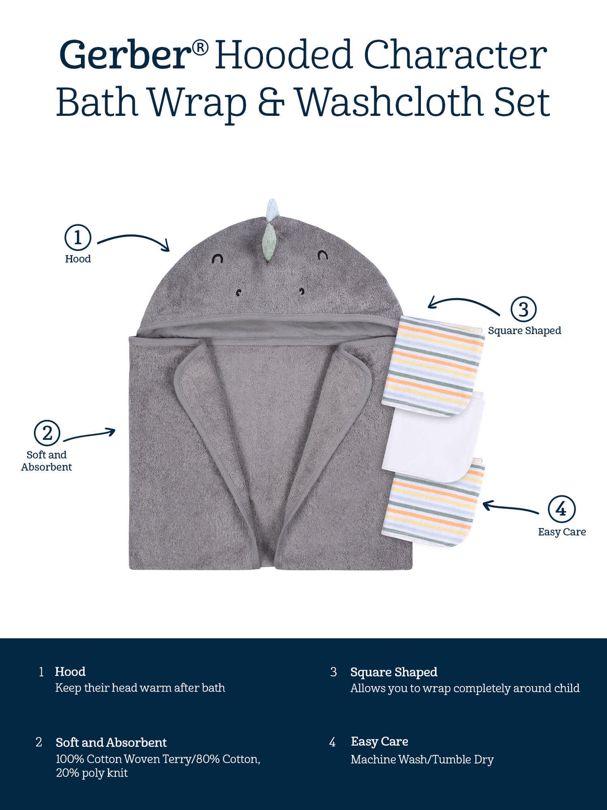 4-Piece Baby Boys Charcoal Dino Towel & Washcloths, view 8