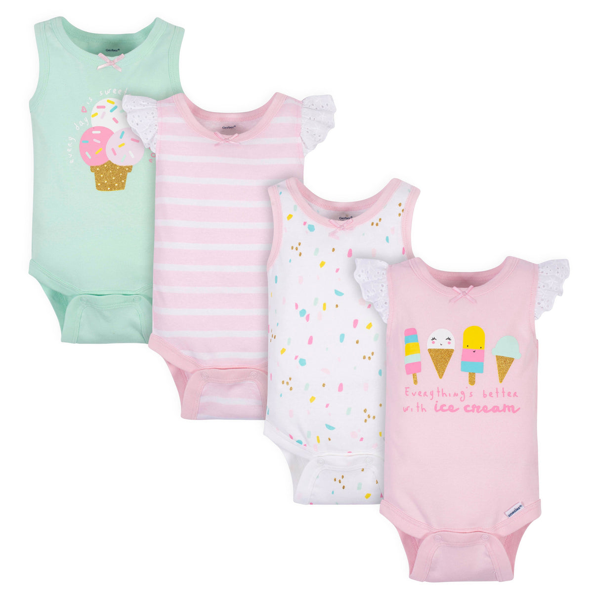 4-Pack Baby Girls Ice Cream Onesies Bodysuits