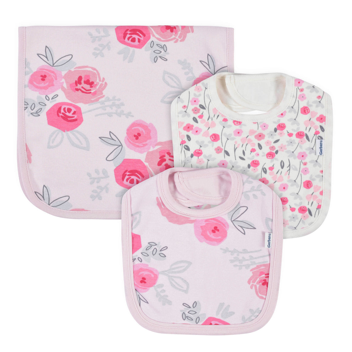 2-Piece Baby Girls Rose Floral Bibs & Burp Set