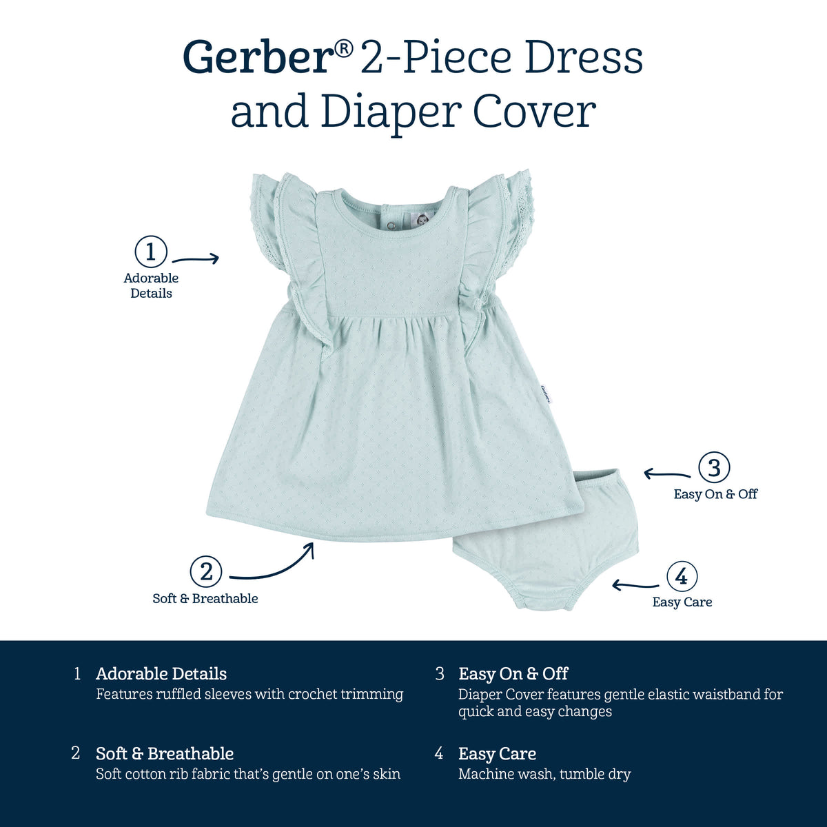 2-Piece Baby Girls Aqua Blue Dress & Diaper Cover, view 7