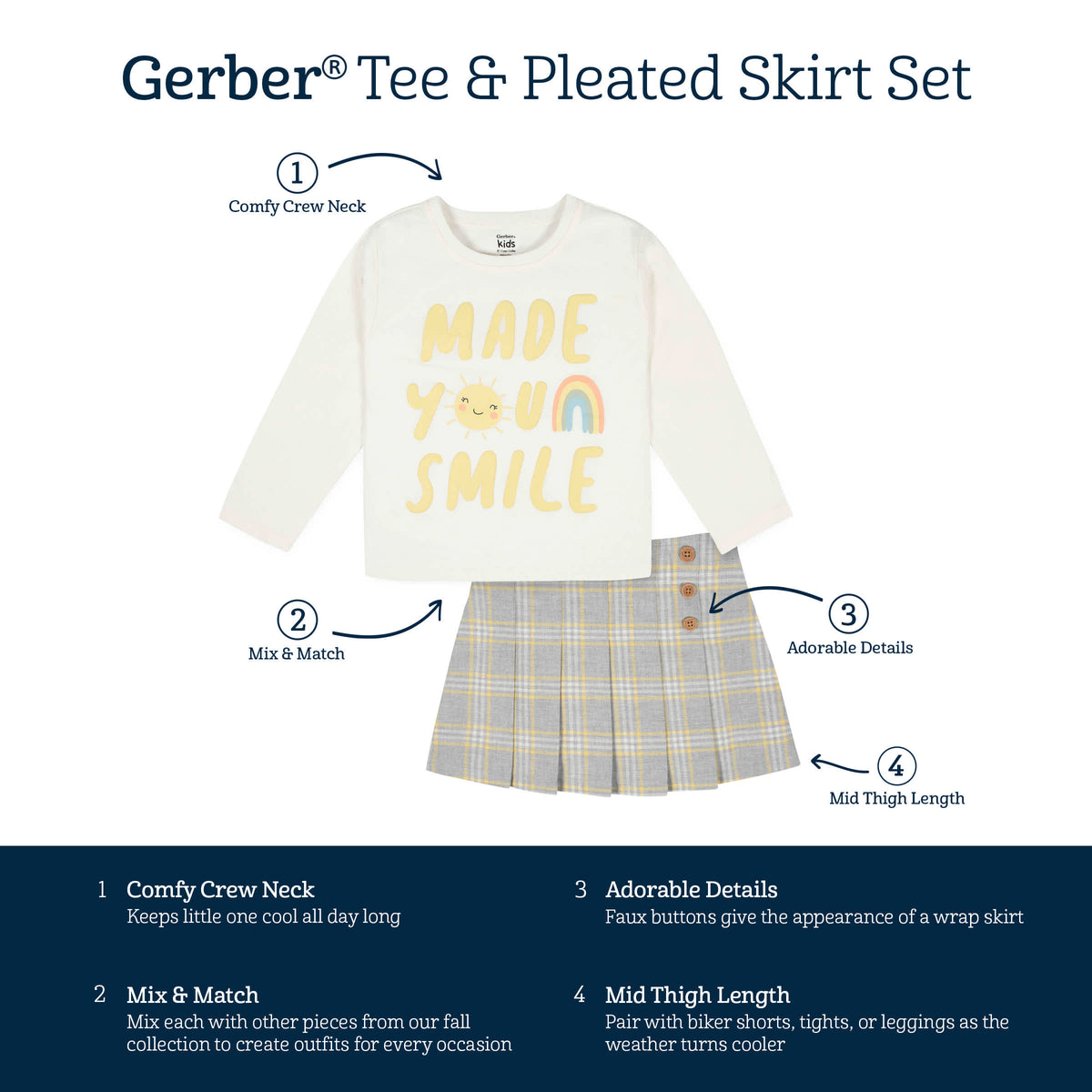 2-Piece Infant & Toddler Girls Mustard Plaid Tee & Skirt Set, view 7
