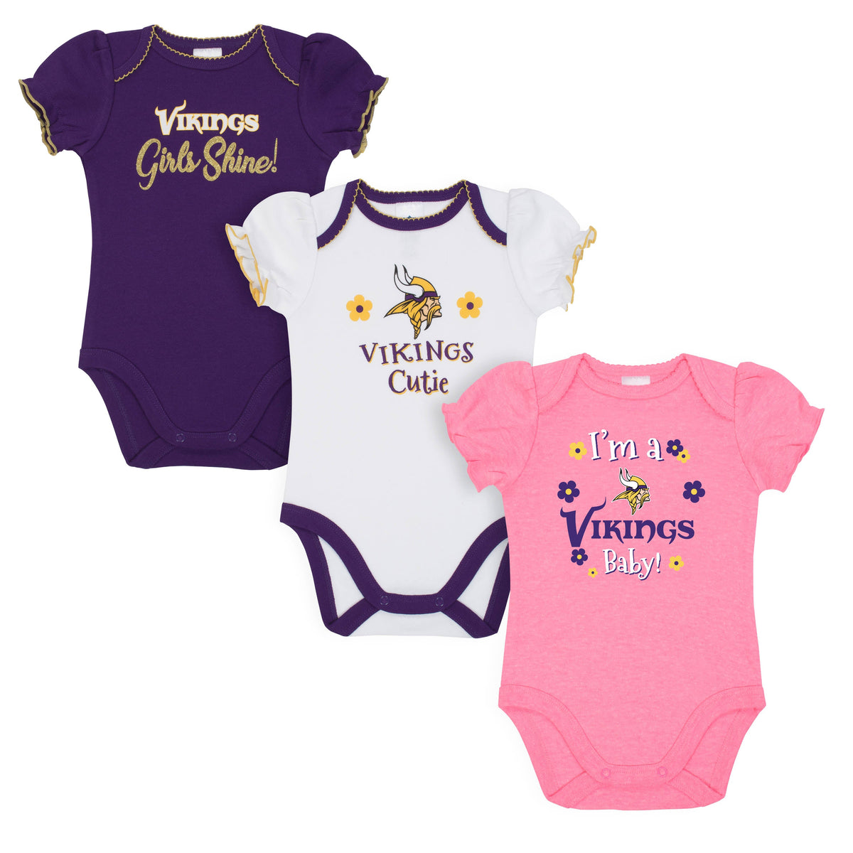 3-Pack Minnesota Vikings Short Sleeve Bodysuits