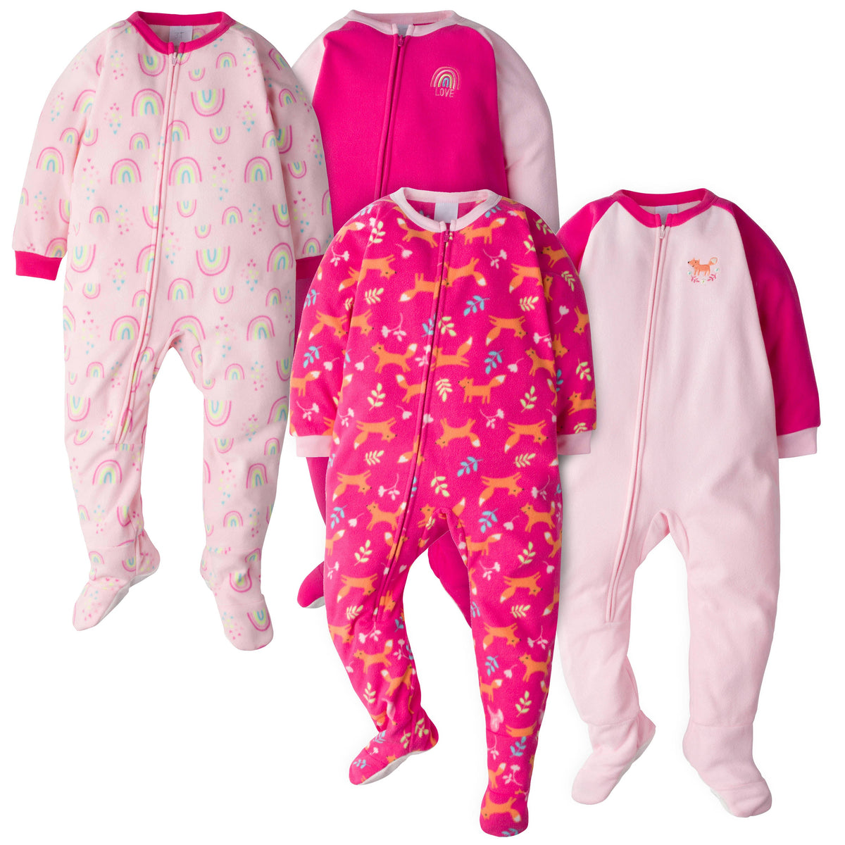 4-Pack Toddler Girls Fox & Rainbows Blanket Sleepers
