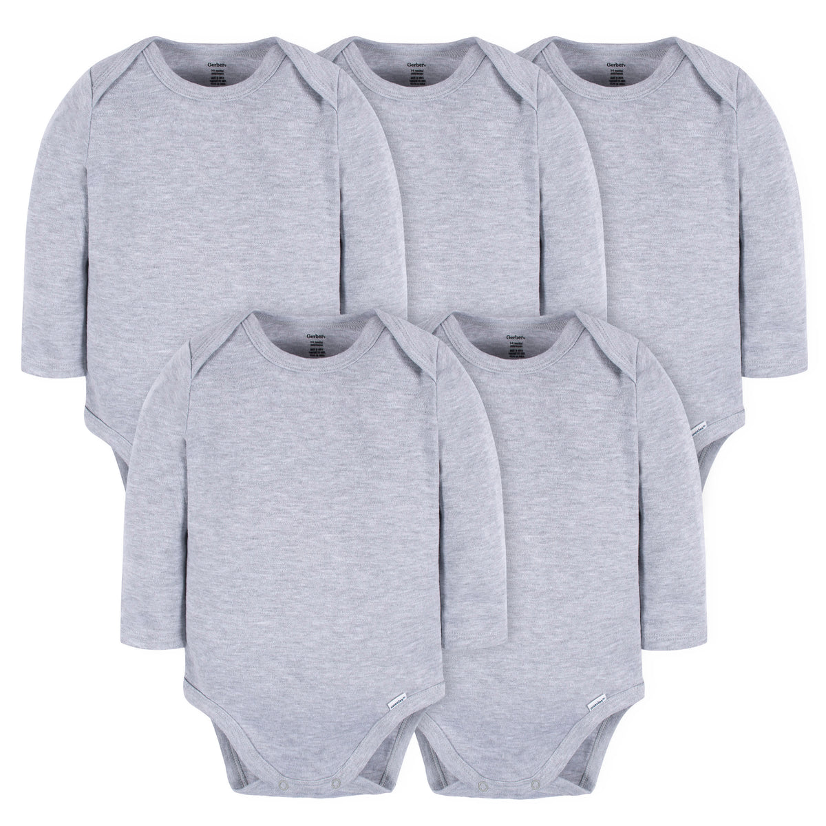 5-Pack Baby Grey Heather Premium Long Sleeve Lap Shoulder Onesies Bodysuits