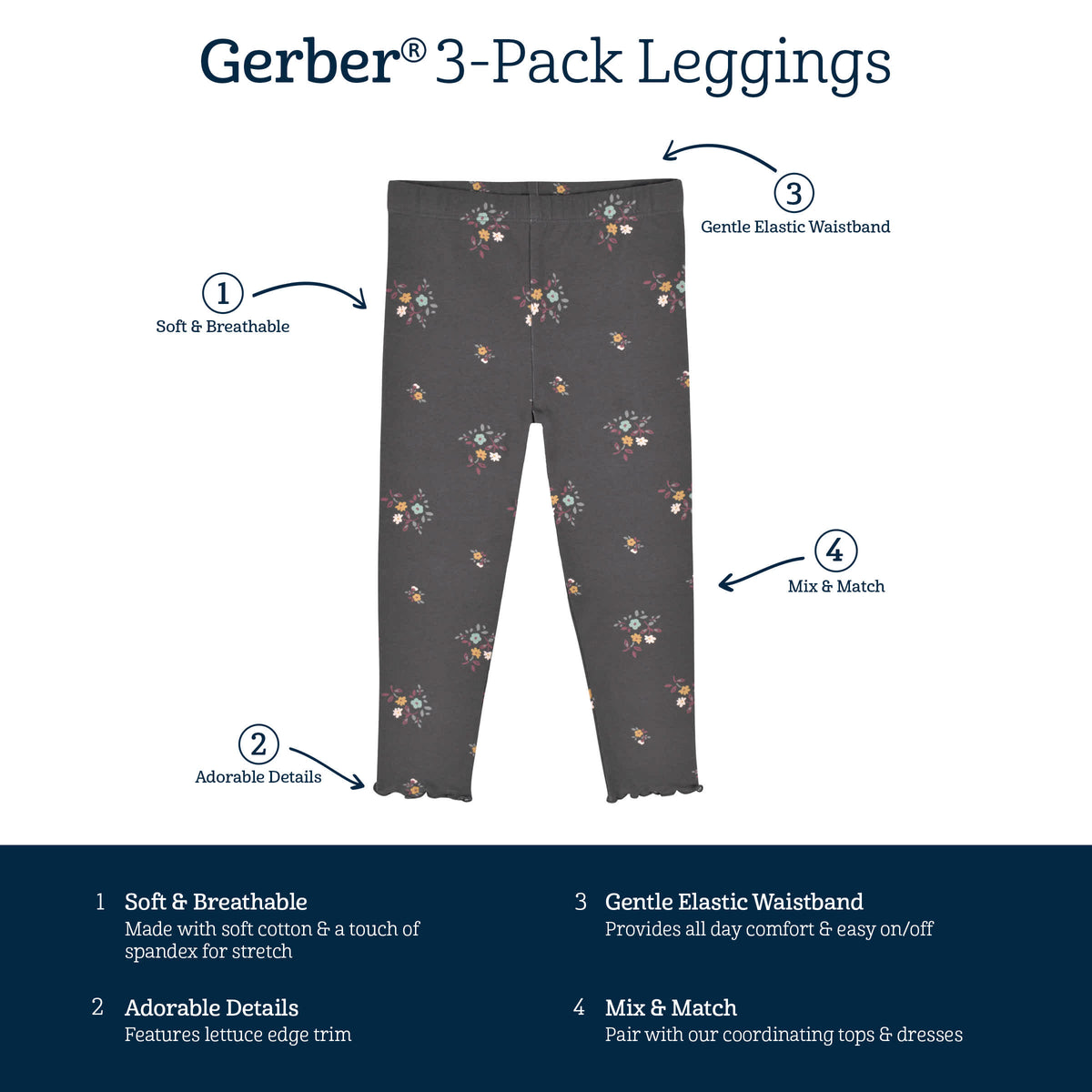 3-Pack Infant & Toddler Girls Mustard & Plum Floral Leggings, view 5