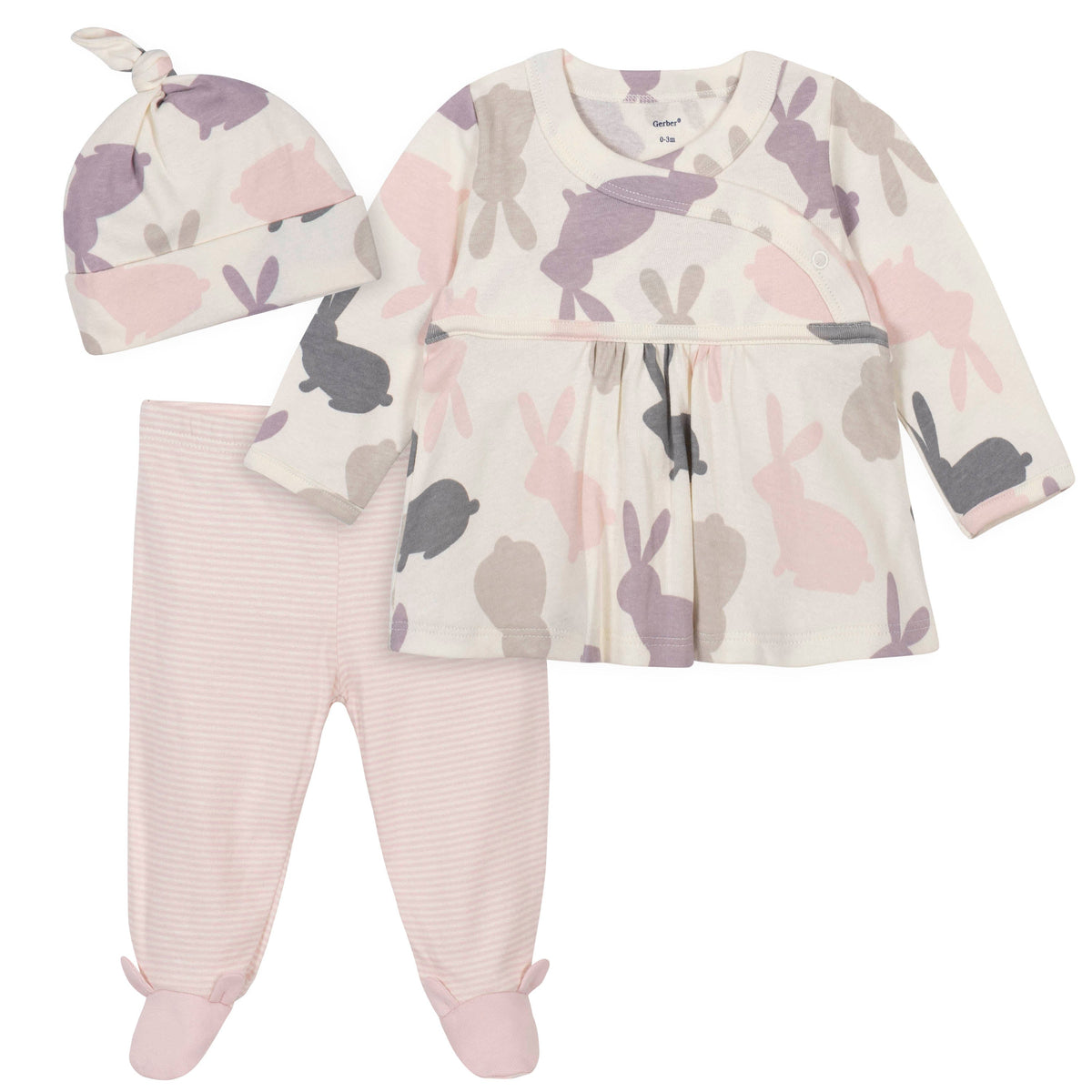 3-Piece Baby Girls Bunny Shirt, Footed Pant, and Cap Set