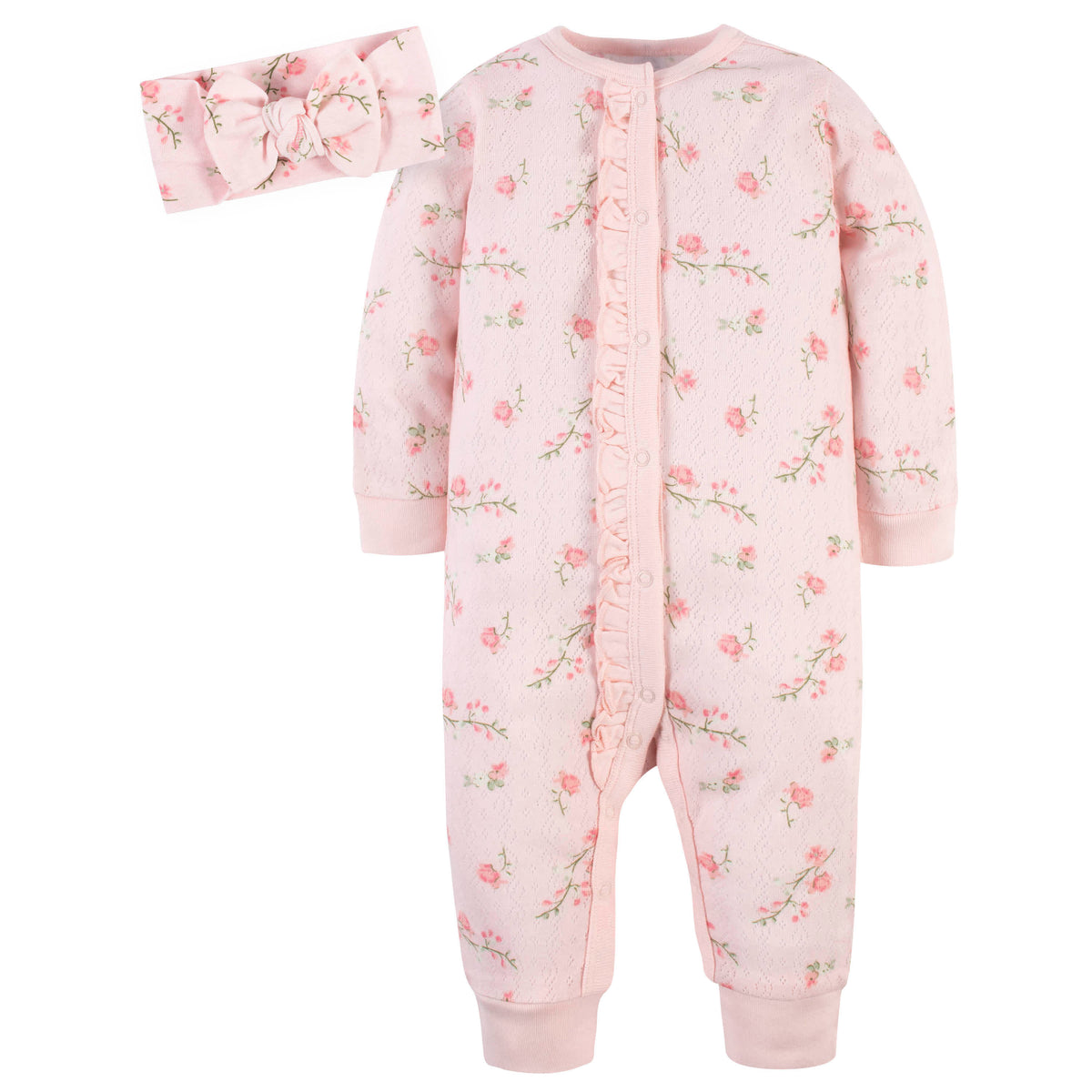 2-Piece Baby Girls Floral Coverall & Headband Set
