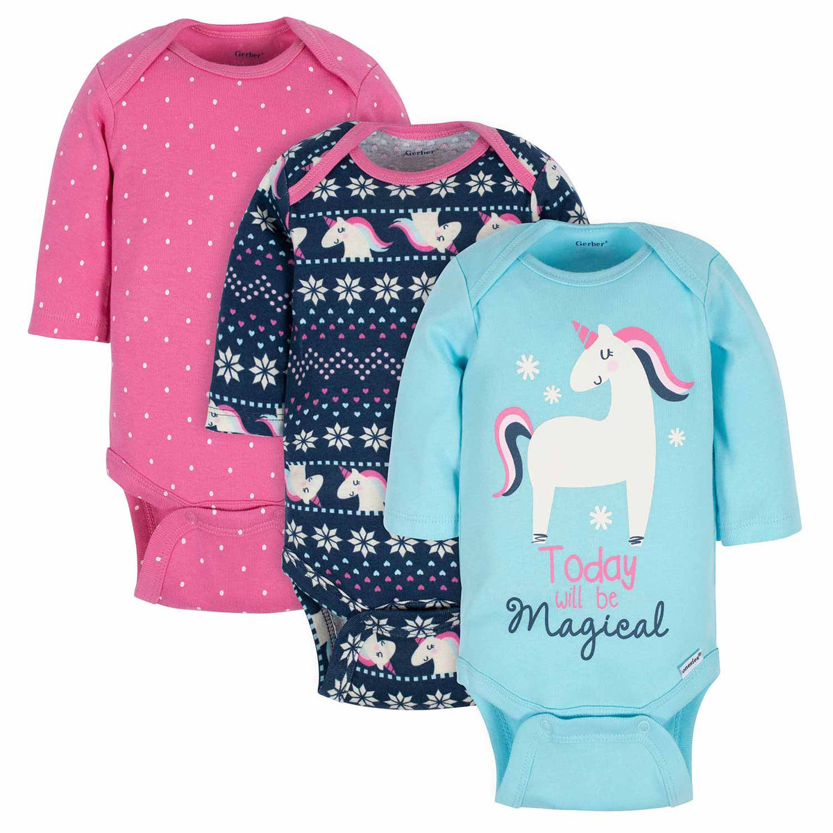 3-Pack Baby Girls Unicorn Long Sleeve Onesies Bodysuits