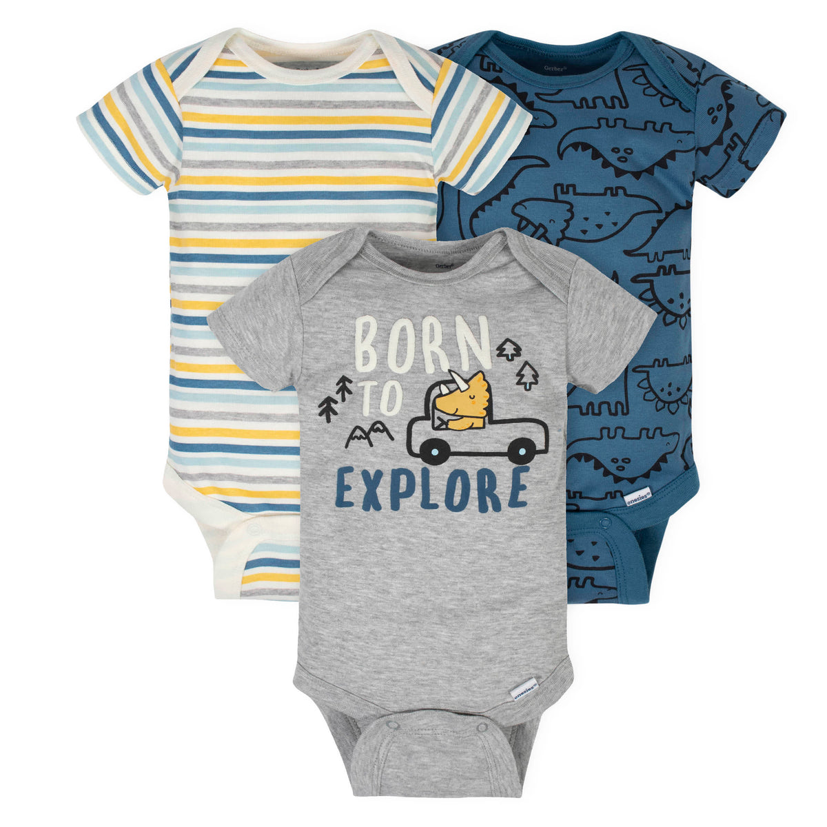 CASE OF: 3-Pack Baby Boys Dino Short Sleeve Onesies Bodysuits