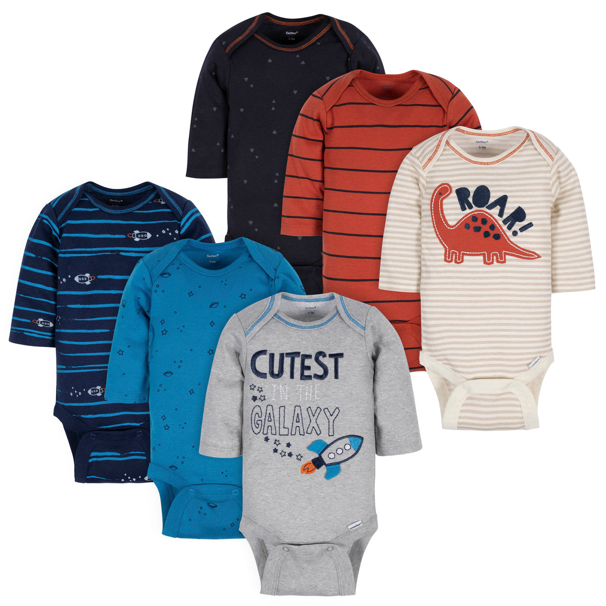 6-Pack Baby Boys Galaxy & Dinosaur Long Sleeve Onesies Bodysuits