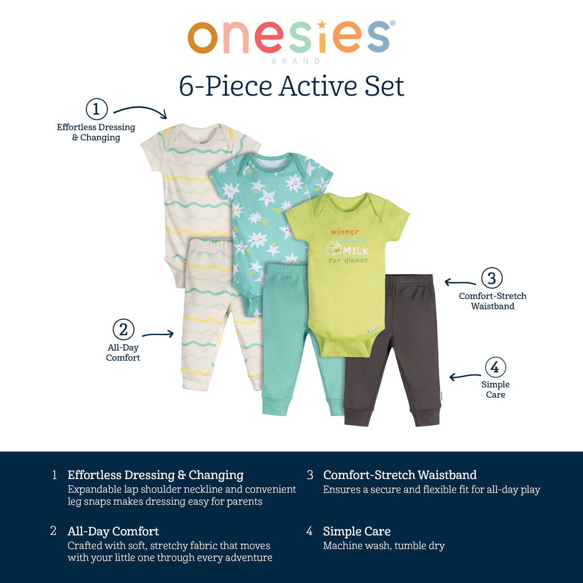 6-Piece Baby Neutral Milk Dinner Onesies and Active Pant Set, view 8