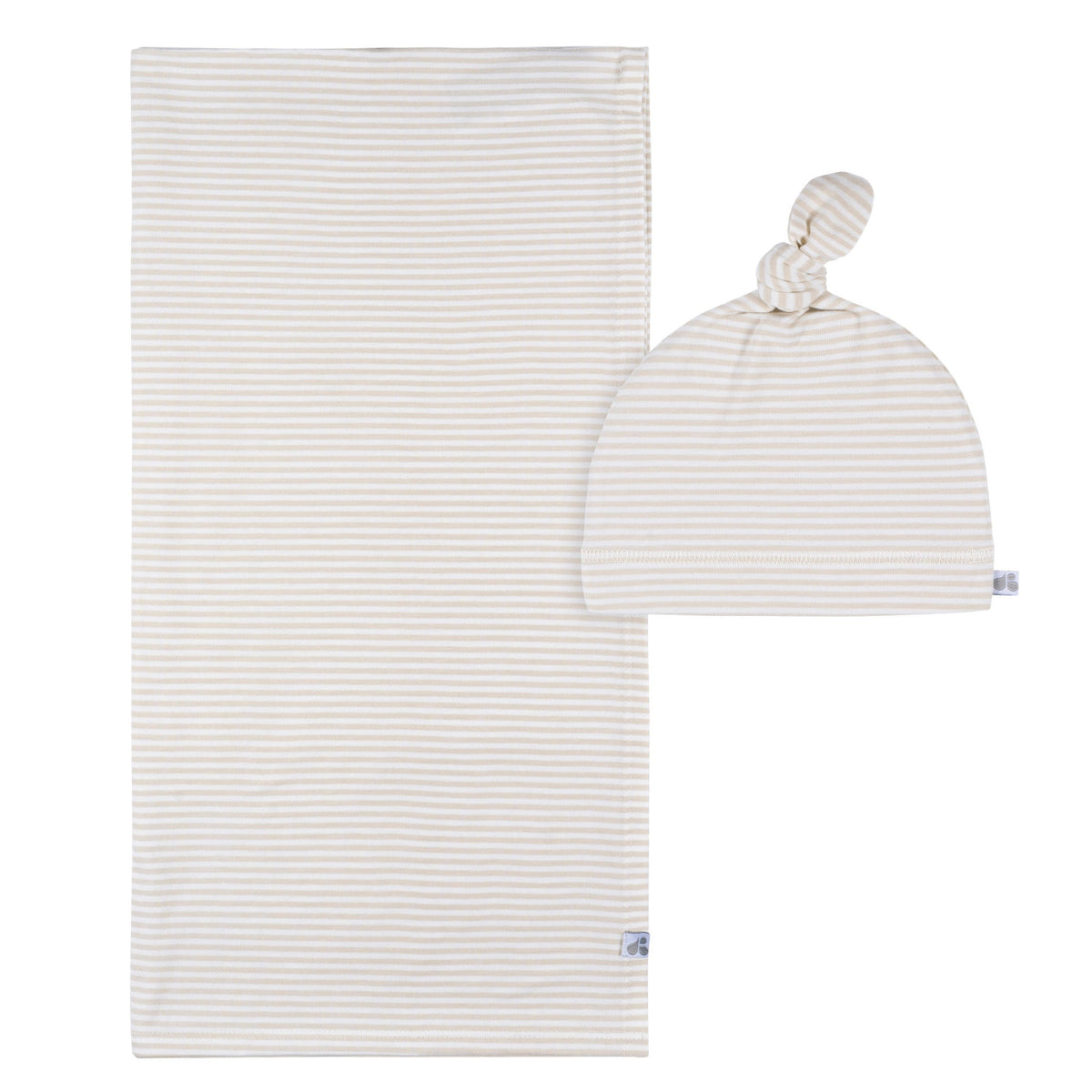 2-Piece Baby Neutral Tan Stripe Swaddle Blanket & Hat Set