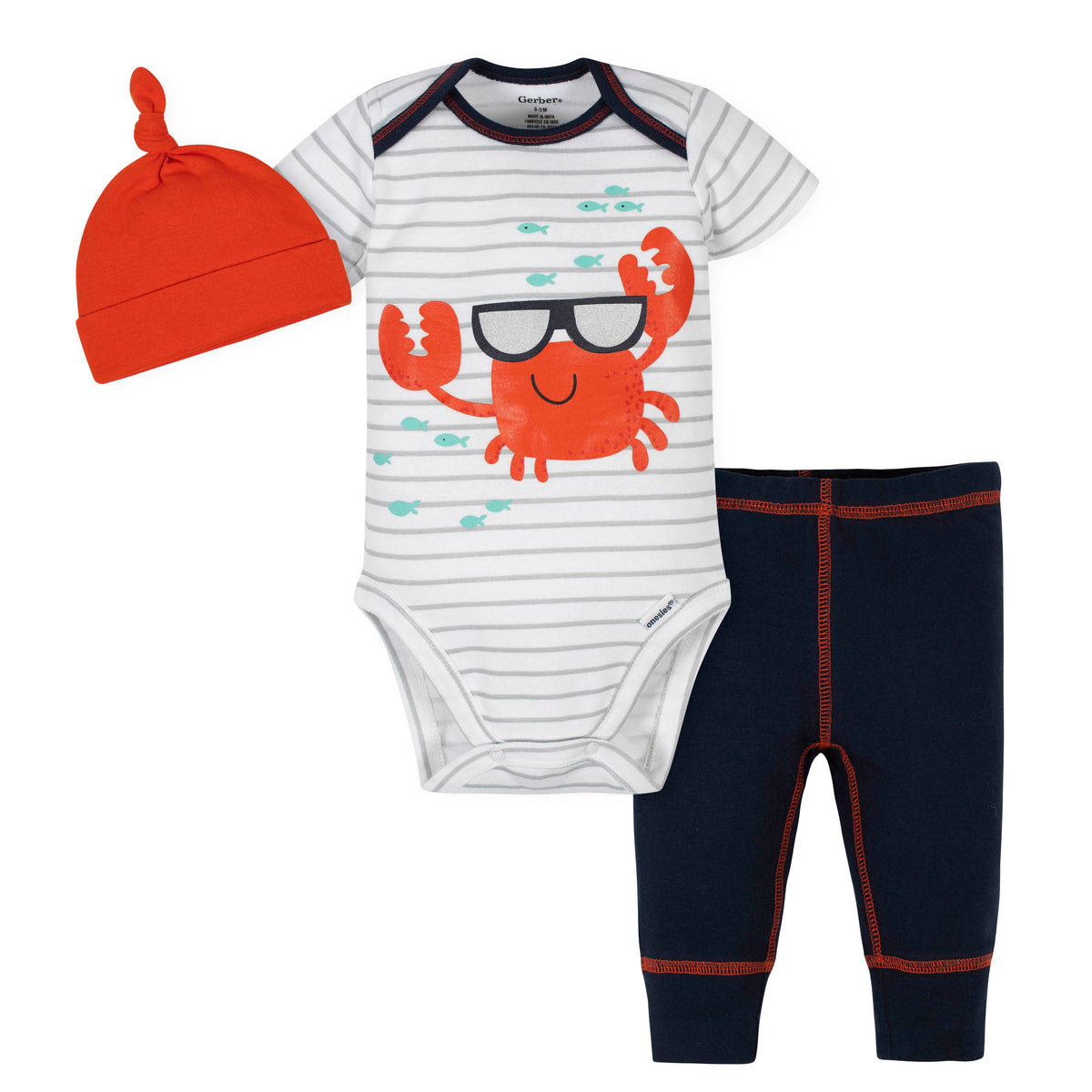 3-Piece Baby Boys Crab Bodysuit, Pant, and Cap Set