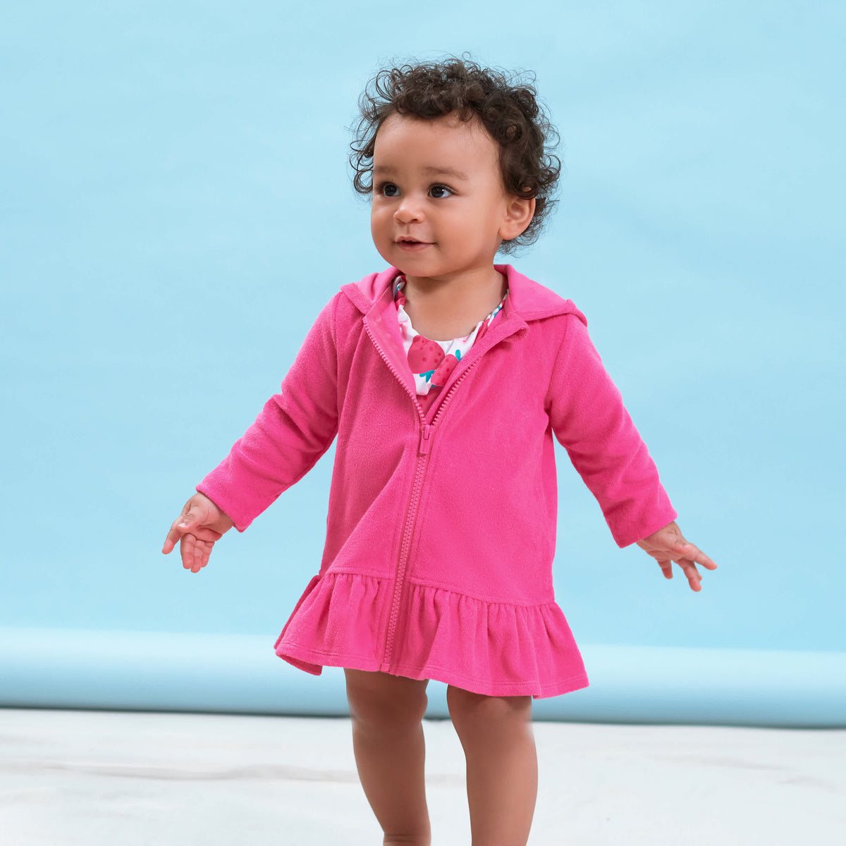 Baby & Toddler Girls Pink Zipper Hoodie Terry Coverup, view 3