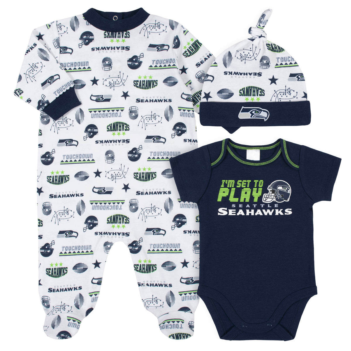 3-Piece Baby Boys Seahawks Bodysuit, Sleep 'N Play, and Cap Set